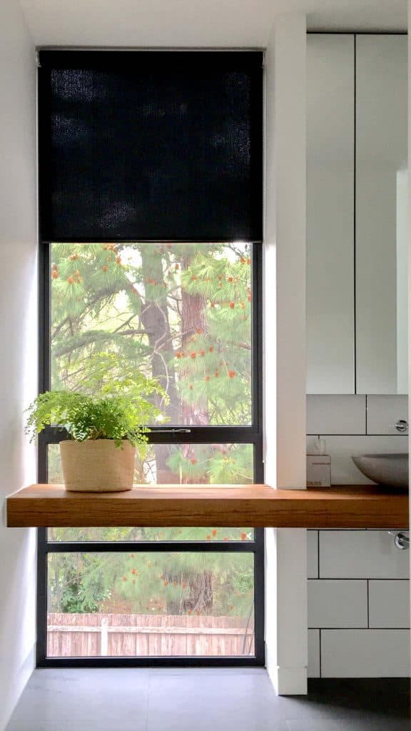 Motorised Blinds & Roller Blinds Melbourne - a wooden bathroom countertop with a fern and long window