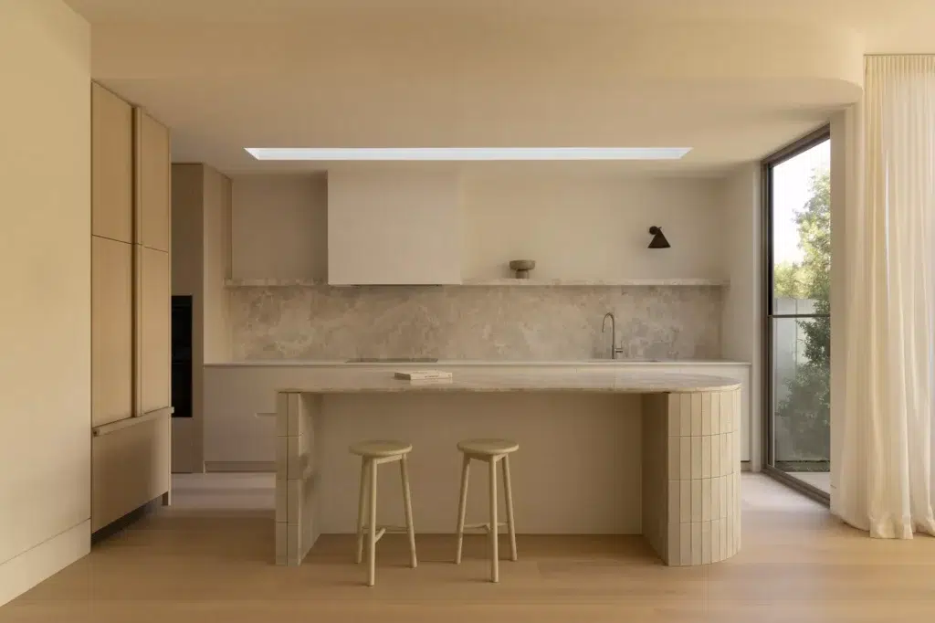 Modern calm kitchen with glazed doors and sheer curtain